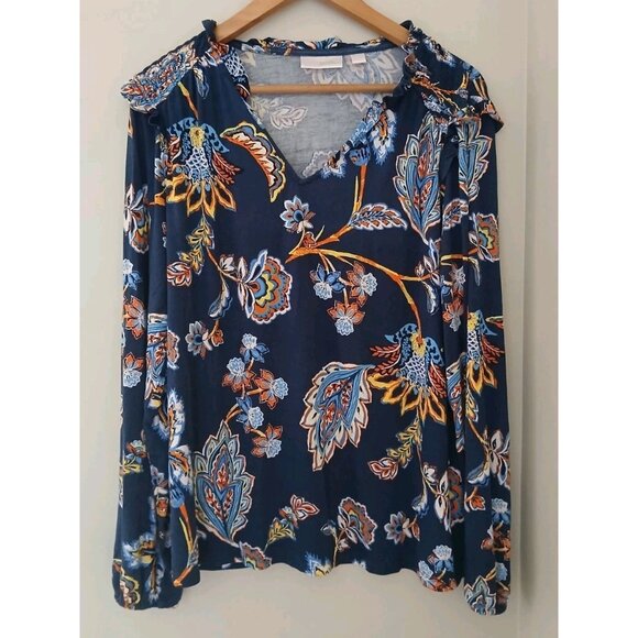 Belle by Kim Gravel Welcome Spring V Neck Top  Size Medium Blue Floral Ruffles - Picture 1 of 11